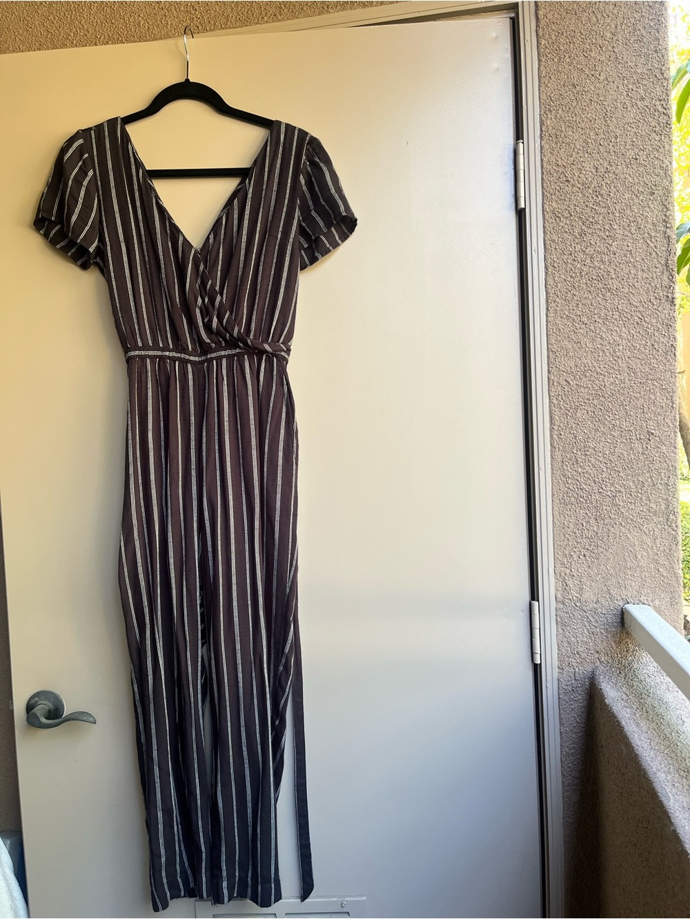 Abercrombie & Fitch Black and White Striped Wrap Maxi Jumpsuit